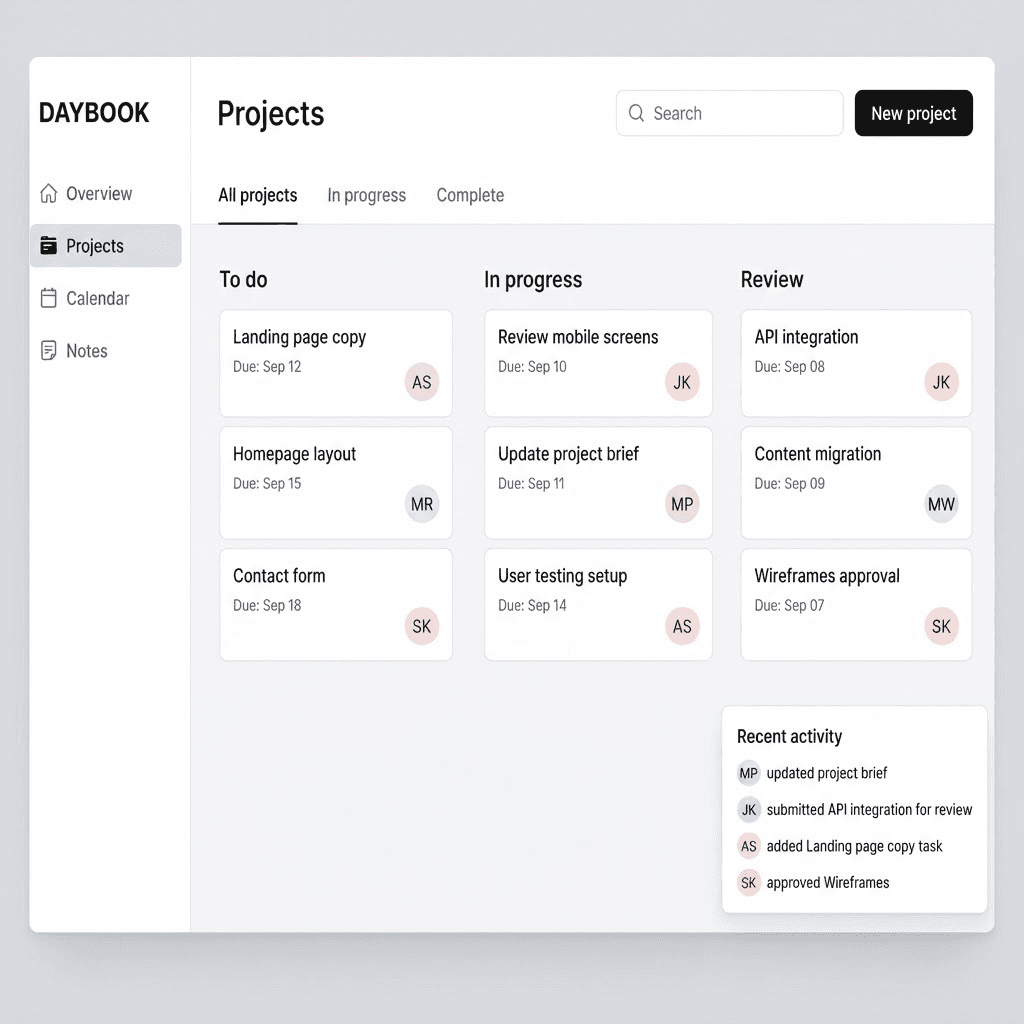 Illustrative Daybook project planning app showing a sidebar, project board, and task cards