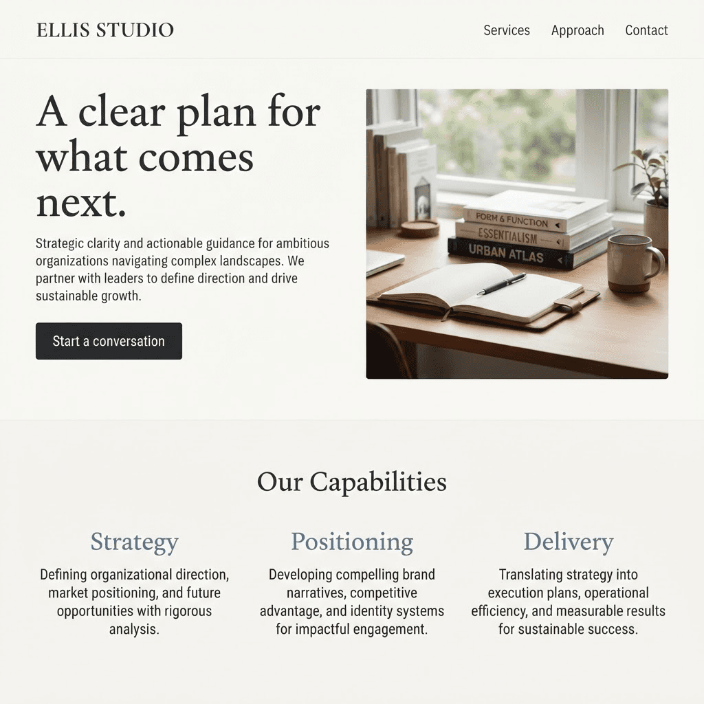 Illustrative Ellis Studio consulting website with services and a contact call to action