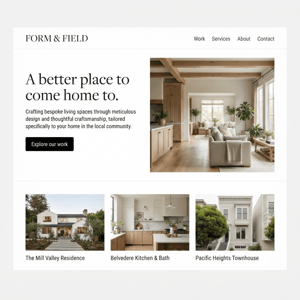 Illustrative Form & Field renovation website with an architectural hero and project photography