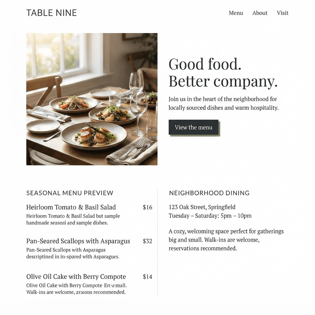 Illustrative Table Nine restaurant website with food photography and a menu preview