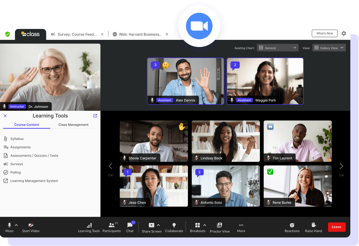 Illustrative live classroom interface with an instructor, student video tiles, and course learning tools